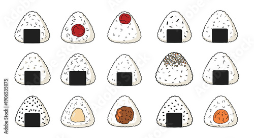 A large set of delicious Japanese onigiri, or rice balls, with various fillings and toppings like umeboshi, salmon, and sesame seeds.