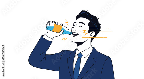 A young businessman in a suit happily drinking a bottled energy drink, with graphic effects showing a boost of refreshment and power.