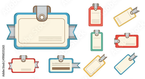 Collection of colorful blank label and tag designs with ribbon details