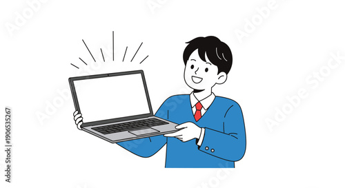 A happy young male student or businessman proudly presenting the blank white screen of a new laptop, with shining effects around it.