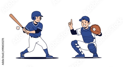 Two young baseball players in blue uniforms, one as a batter swinging at a ball and the other as a catcher giving a signal.