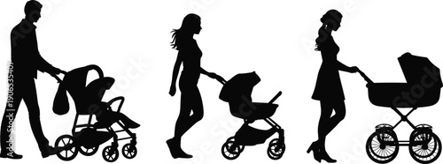 Black silhouette collection of a father and mothers pushing different baby strollers and prams representing parenthood outdoor activity and family lifestyle on white background