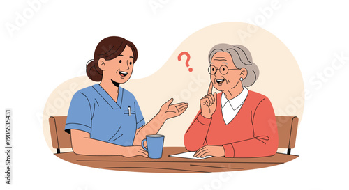 A friendly female caregiver or nurse talking with a curious elderly woman who has a question mark above her head at a table.
