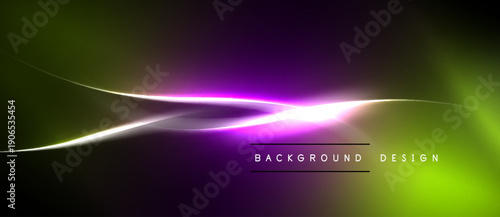 Abstract vibrant background. Smooth curves, purple, green hues create dynamic flow. Light flares add visual interest. Modern design element.