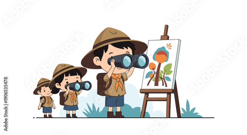 Three cute children dressed as scouts or explorers looking through binoculars at a painting of a flower on an easel in nature.