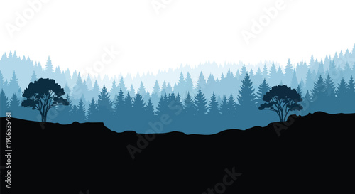 Silhouetted forest landscape with layered blue and black tones