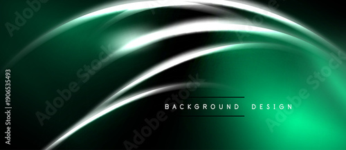Abstract green background features smooth, flowing white lines. Modern design evokes energy, movement, sophistication. Dark shades create depth.