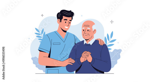 A compassionate young male nurse or caregiver gently comforting and supporting a grateful elderly man with a hand on his shoulder.