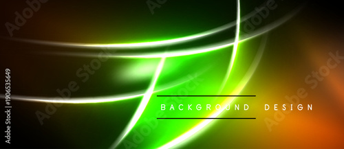 Abstract neon lines create vibrant background. Green, orange hues dominate design with black borders. Smooth curves intersect, forming dynamic composition.
