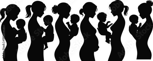 Black silhouette collection of mothers holding babies and pregnant women in various poses isolated on white background for motherhood childcare family and nursery decor.