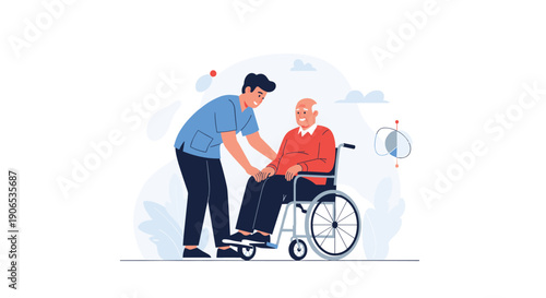 A compassionate male nurse or caregiver assisting a smiling elderly man in a wheelchair, illustrating senior healthcare and support.