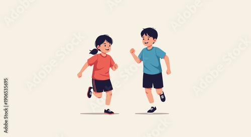 A happy boy and girl smiling and enjoying a run together, illustrating childhood friendship, play, and healthy active lifestyles.