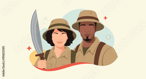 A brave adventure couple, a man and a woman in safari hats, ready for a jungle expedition, with the woman holding a machete.