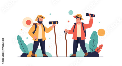Two friendly male hikers with backpacks and walking sticks holding binoculars while exploring the outdoors on an adventure together.