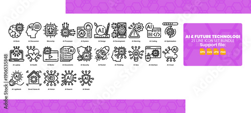 Set of 25 line icons related to artificial intelligence.