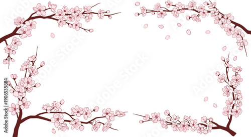 A beautiful and elegant rectangular frame made from flowering cherry blossom branches with delicate pink sakura flowers and petals.