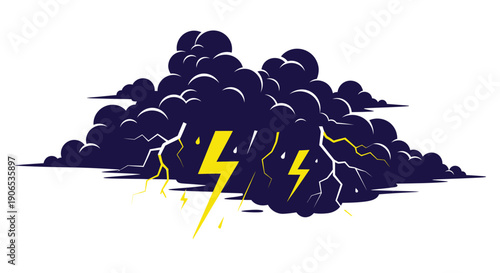 Dramatic storm clouds with bright yellow lightning bolts on a white background