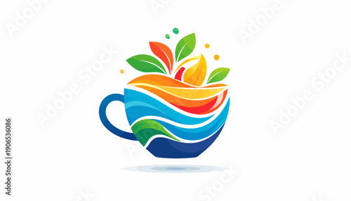 A colorful abstract illustration of a cup with swirling patterns and leaves viewed from above
