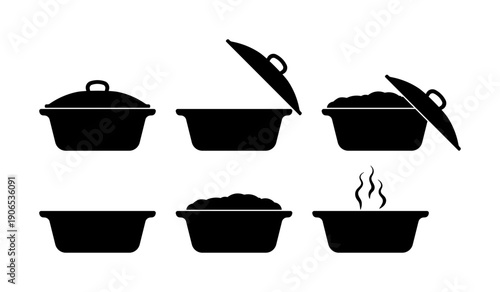 Set of black and white cooking pot icons without background.
