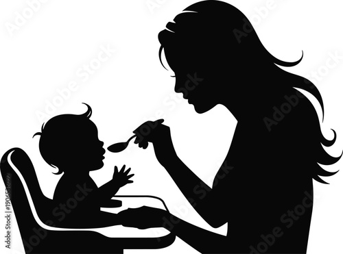 Black silhouette of a mother feeding her baby in a high chair with a spoon isolated on white background for childcare parenting and nutrition
