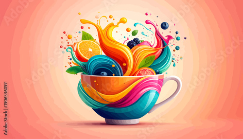 Vibrant coffee cup overflowing with colorful liquid and fruit, a dynamic splash artwork on a warm background