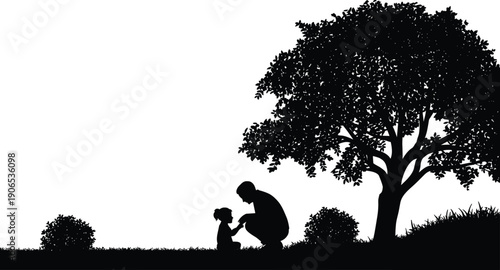 Black silhouette of a father and young daughter bonding under a large leafy tree in a field for family love parenting and nature projects.