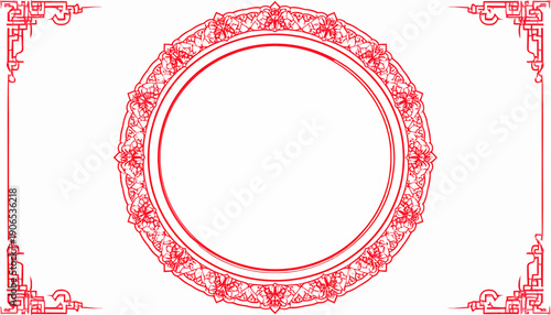 An ornate red circular frame with intricate designs on a plain background viewed from directly above