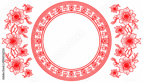 An intricately designed red circular frame adorned with floral patterns and ornaments, viewed from a straight-on perspective.