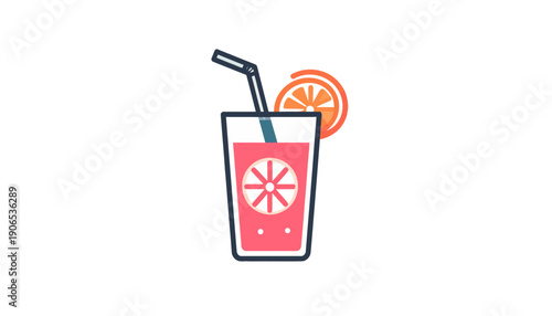 A refreshing glass of pink lemonade with a straw and slice of orange on a simple background viewed from the side
