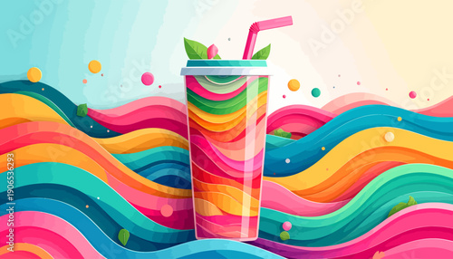 Vibrant drink with straw and mint leaves on wavy lines from a top view