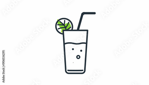 A refreshing glass of lemonade with a straw and lime slice, illustration, isolated on a plain background, front view