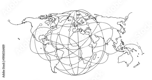 Single continuous line illustration of world globe showing continents, global connection concept, modern monoline style, clean white background