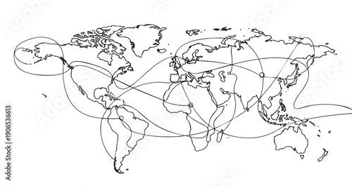 Single continuous line illustration of world globe showing continents, global connection concept, modern monoline style, clean white background
