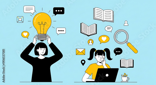 Flat vector illustration showing a woman imagining new ideas, surrounded by icons of light bulbs, charts, and creative tools. Concept for innovation, brainstorming, and design thinking.	