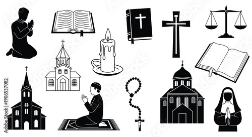 A collection of bold black silhouette religious images features individuals praying, bibles, candles, crosses, churches, rosaries, scales of justice, and a nun, arranged on a light background.