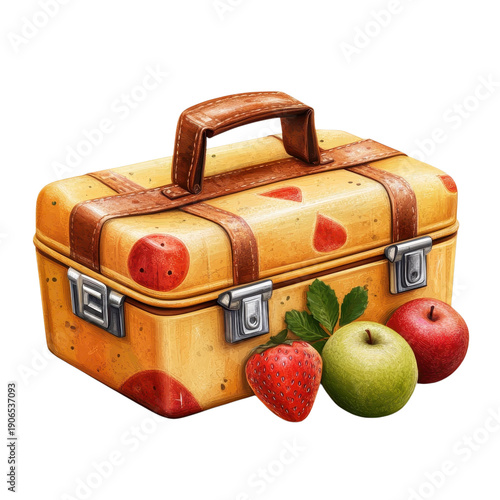 Vintage yellow suitcase with leather handle and apples and strawberries illustration isolated PNG with Transparent Background