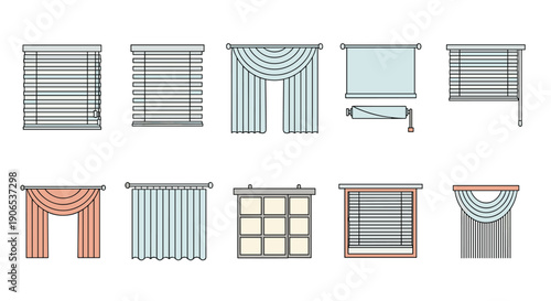 A varied assortment of ten different window treatments, including horizontal blinds, roller shades, and draped curtains in various colors and styles, displayed on a clean white background.