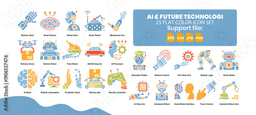 Set of 25 flat icon related to artificial intelligence and future technology.