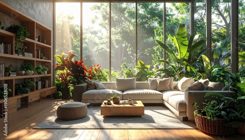 Sunlit living room filled with lush green plants and modern furniture.