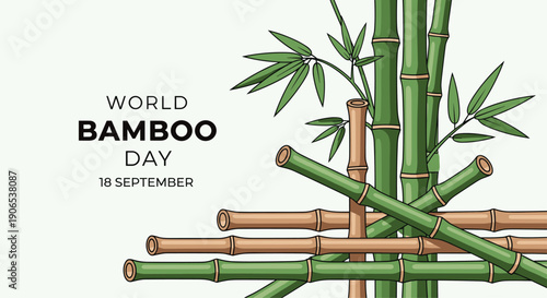 An artistic illustration features interwoven green and brown bamboo stalks with fresh leaves on the right, complementing the WORLD BAMBOO DAY 18 SEPTEMBER text displayed prominently on the left side.
