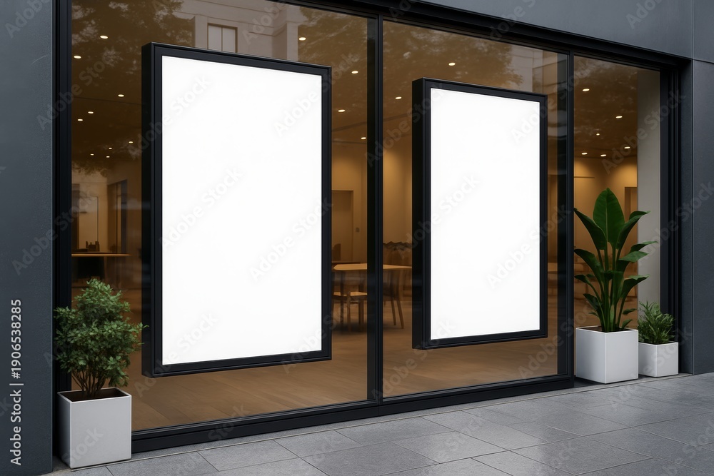 Fototapeta premium Two blank vertical posters in black frames on glass storefront facade with potted plants outside and warm interior lights visible through windows. Ai generative