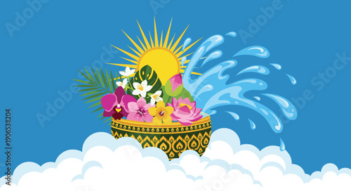 A vibrant traditional golden Thai water bowl, brimming with colorful orchids, lotuses, and tropical leaves, splashes water under a radiant sun against a clear blue sky with white clouds.