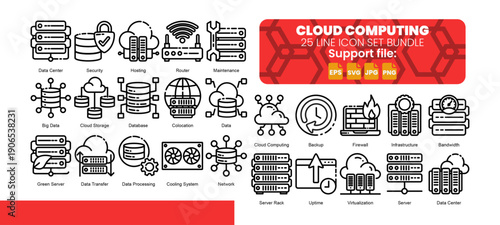 Set of 25 line icon related to cloud computing.