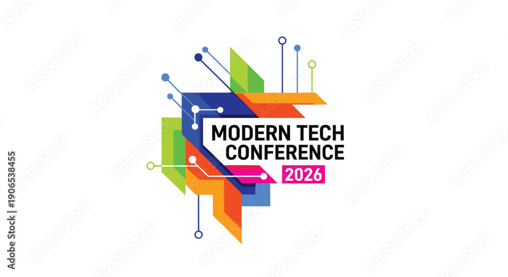 Fototapeta premium A dynamic and colorful geometric logo, composed of overlapping vibrant shapes and interconnected dots, displays MODERN TECH CONFERENCE 2026 in its center on a clean white background.