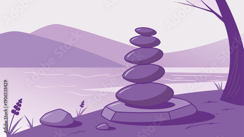 Experience serenity with this stunning landscape of stacked stones by a tranquil lake at sunset. Perfect for projects needing a calming atmosphere.