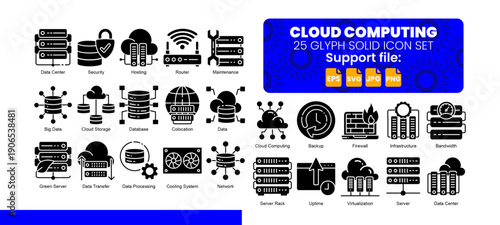 Set of 25 solid icon related to cloud computing.