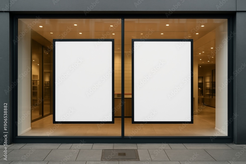 Fototapeta premium Blank storefront window mock up with two large white posters for copy space in black frames inside modern retail space illuminated with warm lights. Ai generative