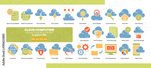 Set of 25 flat color icon related to cloud computing.