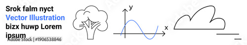 Education, science, nature, minimalism, data visualization, environment. A tree graphic, a sine wave graph and a minimal cloud shape. Education and science concept for learning visuals