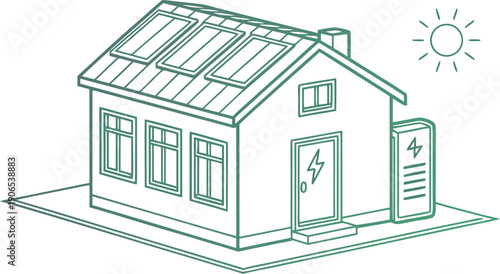 Modern eco friendly house with solar panels and battery storage, symbolizing sustainable living and green technology